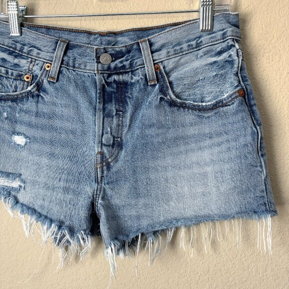Levi's 501 High Rise Button Fly Distressed Frayed Hem Denim Shorts - Picture 3 of 10